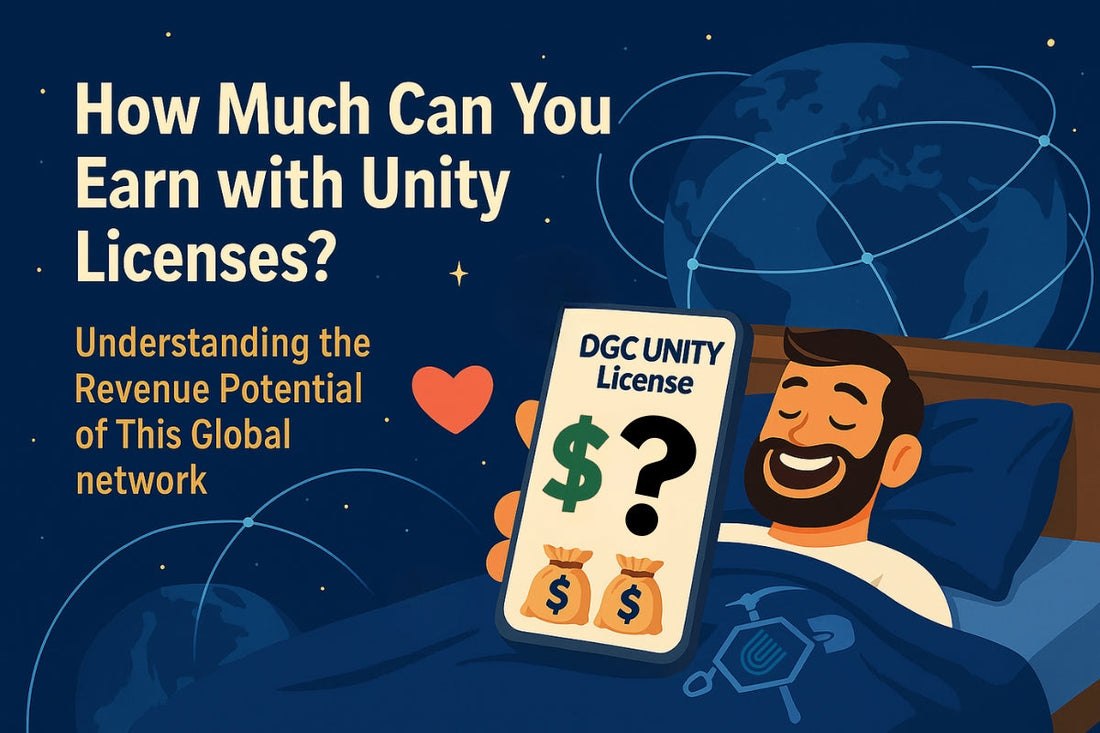 Flat 2D illustration of Unity License on a smartphone screen with dollar signs, money bags, and global network connections showing how phones can earn revenue as part of UnityNodes